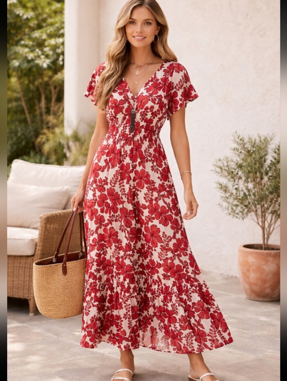 NWT Nicole Miller Red Floral Maxi Dress with V-Neck Size Large